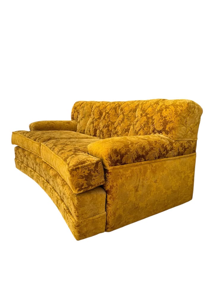 Vintage Mid Century Golden Yellow Tonal Velvet Floral Button Tufted Channel Back Loveseat Sofa Couch