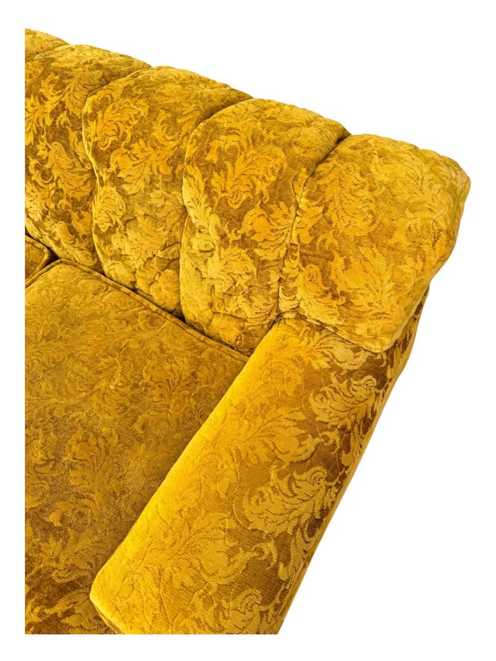Vintage Mid Century Golden Yellow Tonal Velvet Floral Button Tufted Channel Back Loveseat Sofa Couch