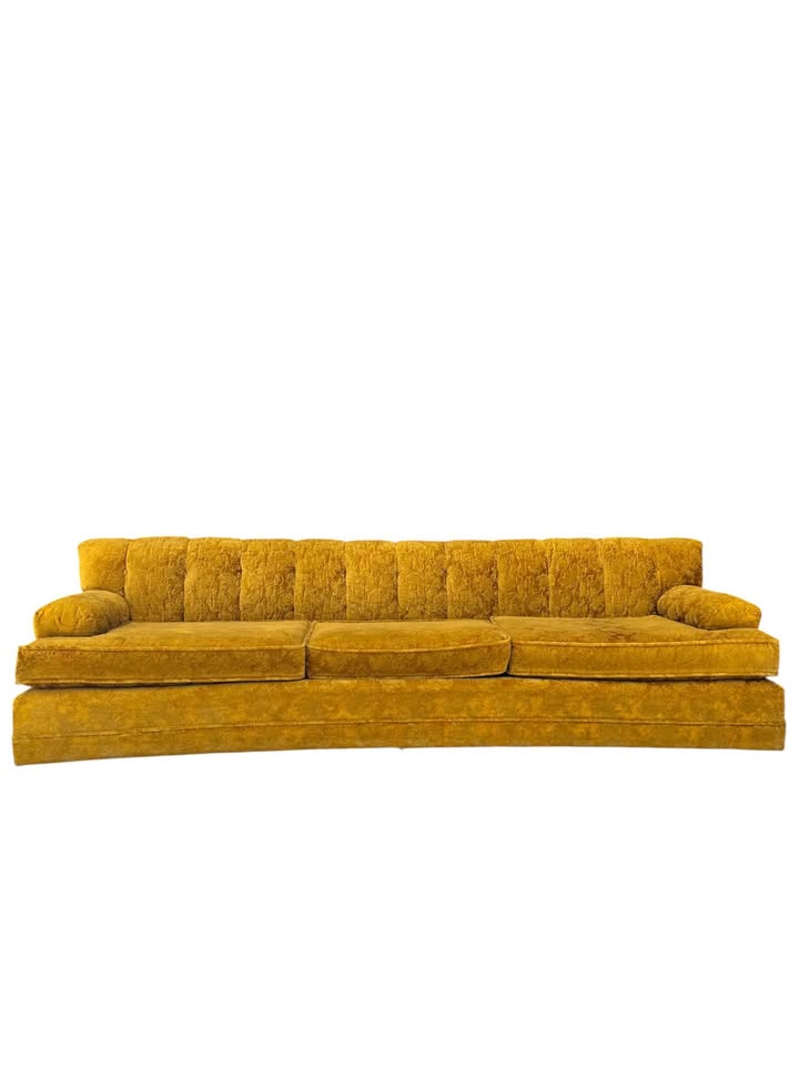 Vintage Mid Century Golden Yellow Tonal Velvet Floral Button Tufted Channel Back Sofa Couch
