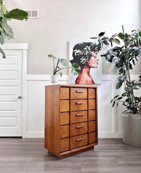 Vintage 5-Drawer Geometric Grain Parquet Oak Facade Dresser Credenza w/Plinth Base & Sculptural Hand