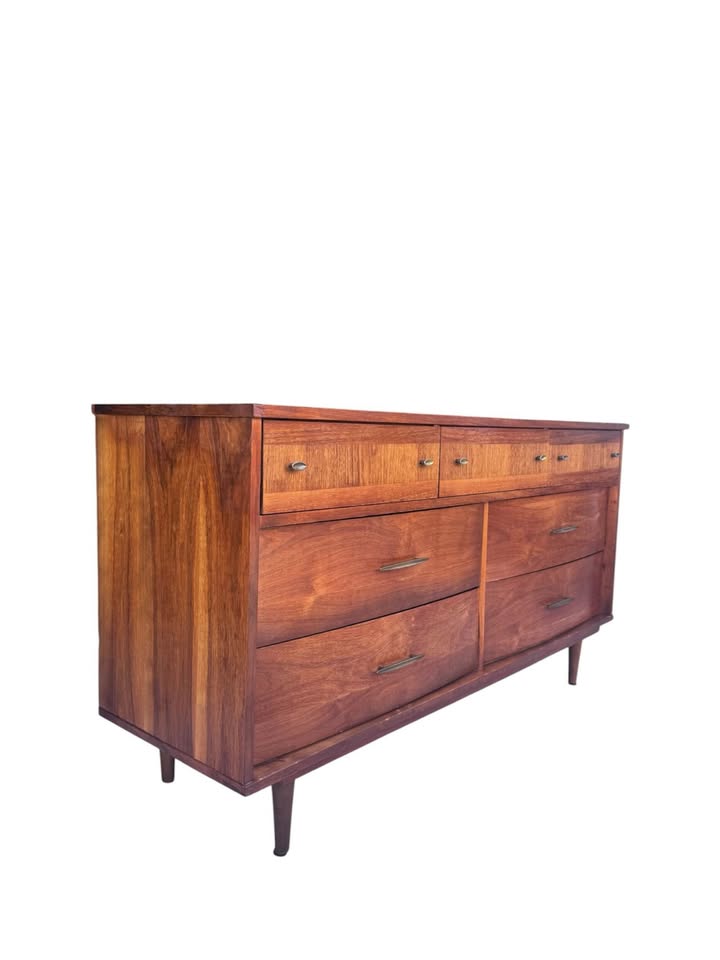Vintage Mid Century 7-Drawer Walnut Dresser Credenza w/Parquet Drawer Facades, Brass Hardware &amp; Tapered Legs