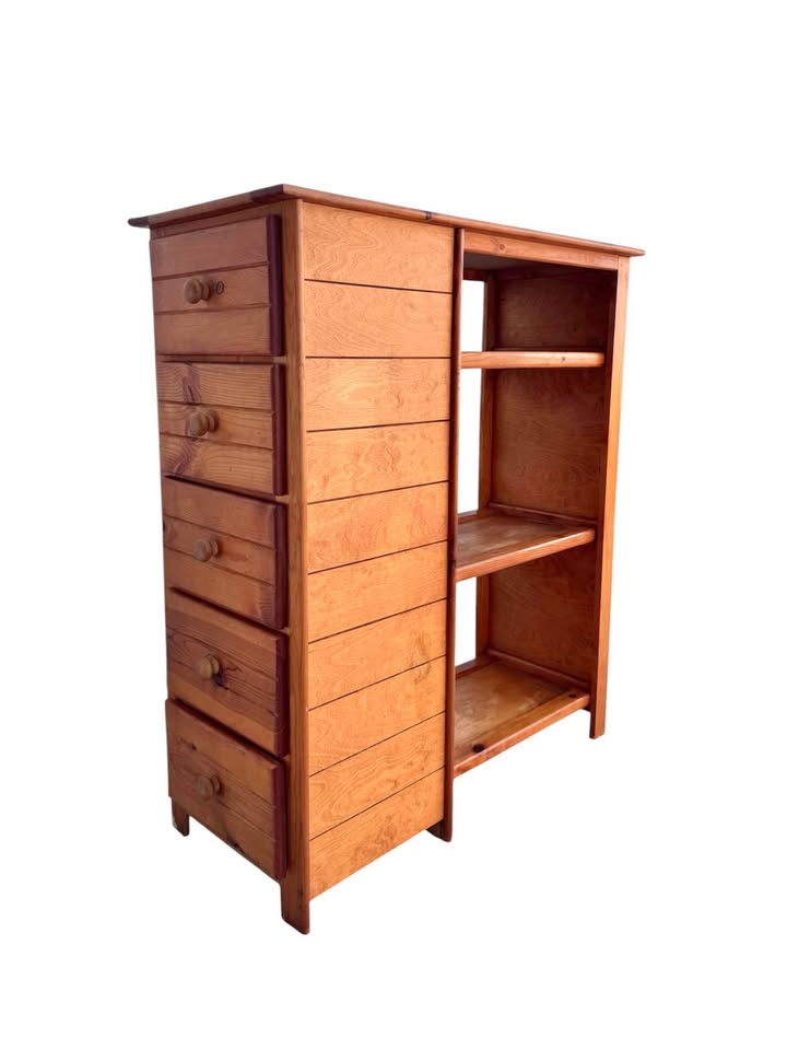 Vintage 5-Drawer, 3-Tier Wood Paneled Wall Unit Etagere Shelving System