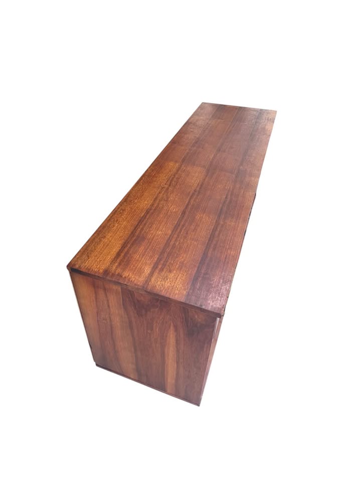 Vintage Mid Century 7-Drawer Walnut Dresser Credenza w/Parquet Drawer Facades, Brass Hardware &amp; Tapered Legs