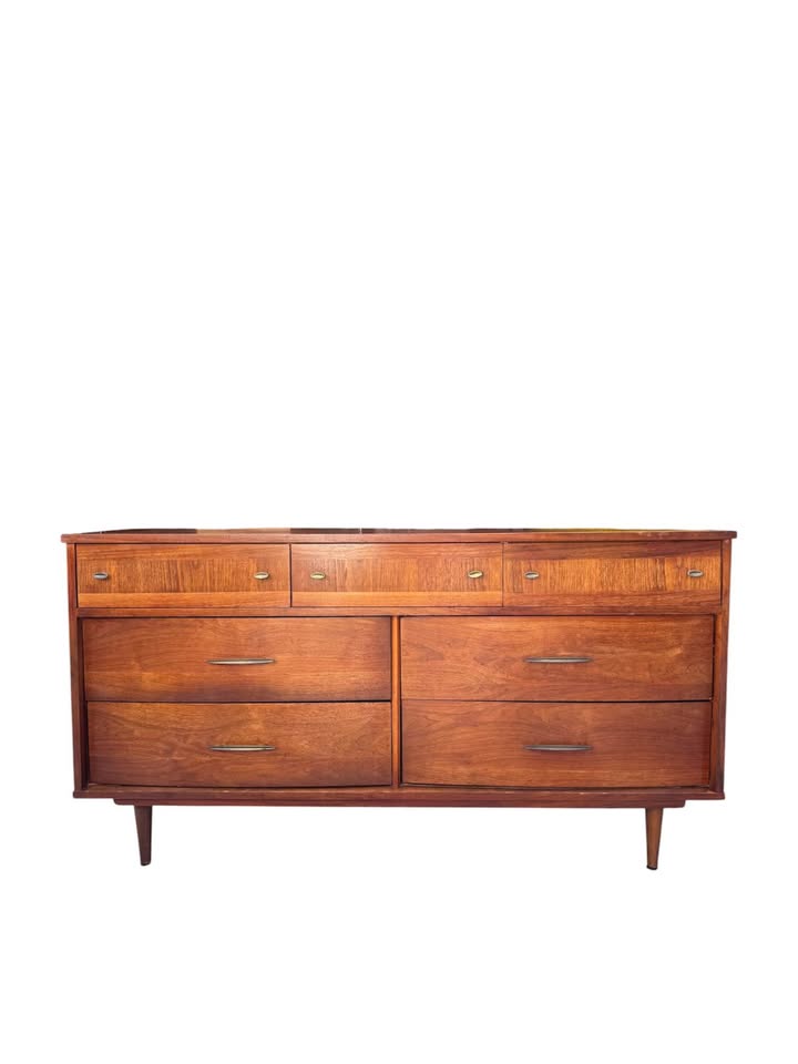 Vintage Mid Century 7-Drawer Walnut Dresser Credenza w/Parquet Drawer Facades, Brass Hardware &amp; Tapered Legs