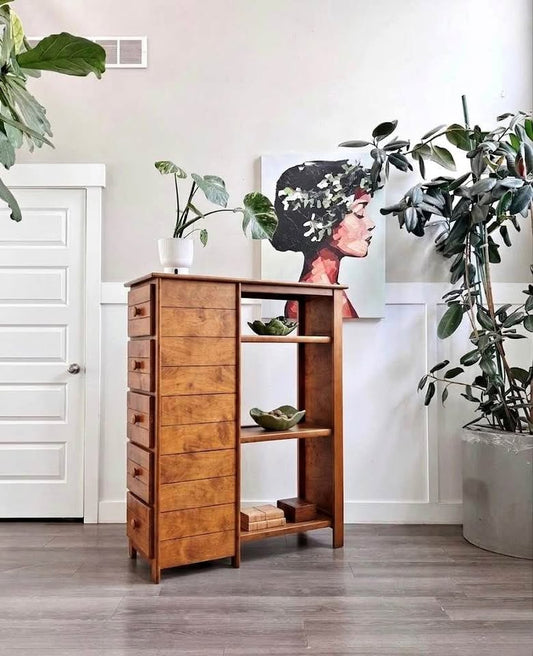 Vintage 5-Drawer, 3-Tier Wood Paneled Wall Unit Etagere Shelving System