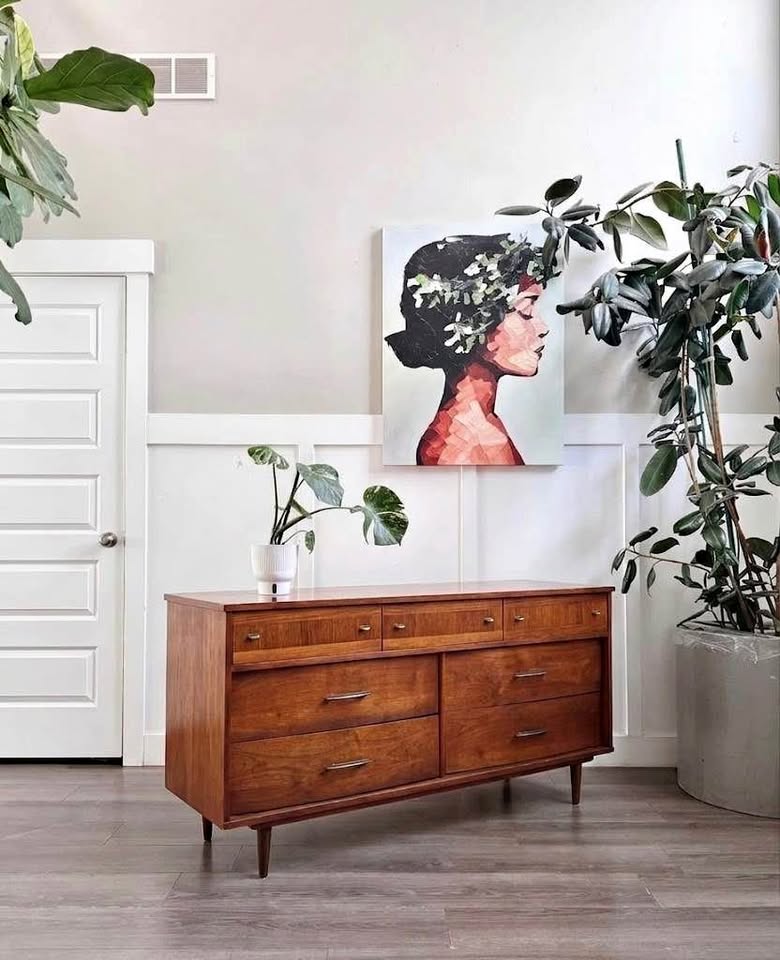 Vintage Mid Century 7-Drawer Walnut Dresser Credenza w/Parquet Drawer Facades, Brass Hardware &amp; Tapered Legs