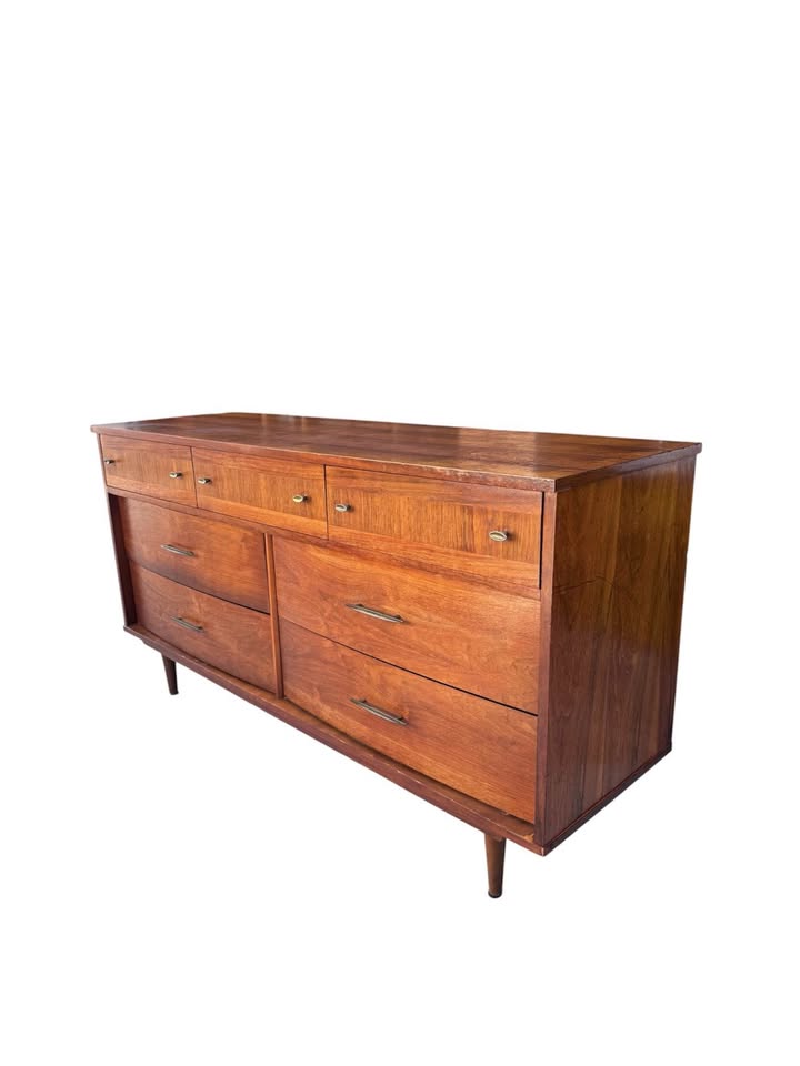 Vintage Mid Century 7-Drawer Walnut Dresser Credenza w/Parquet Drawer Facades, Brass Hardware &amp; Tapered Legs