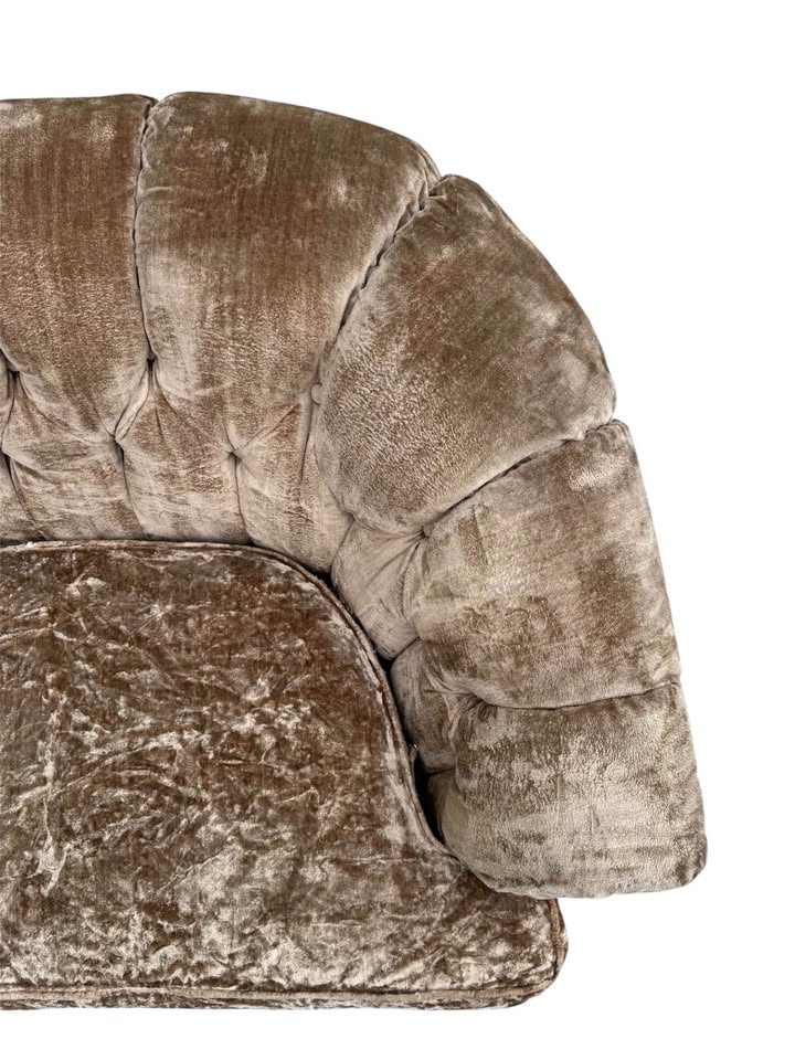 Vintage Mid Century Champagne Tan Brown Velvet Button Tufted Sofa Couch w/Tapered Legs