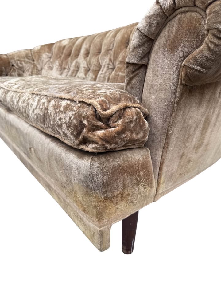 Vintage Mid Century Champagne Tan Brown Velvet Button Tufted Sofa Couch w/Tapered Legs