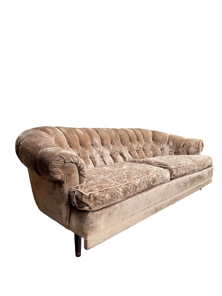 Vintage Mid Century Champagne Tan Brown Velvet Button Tufted Sofa Couch w/Tapered Legs
