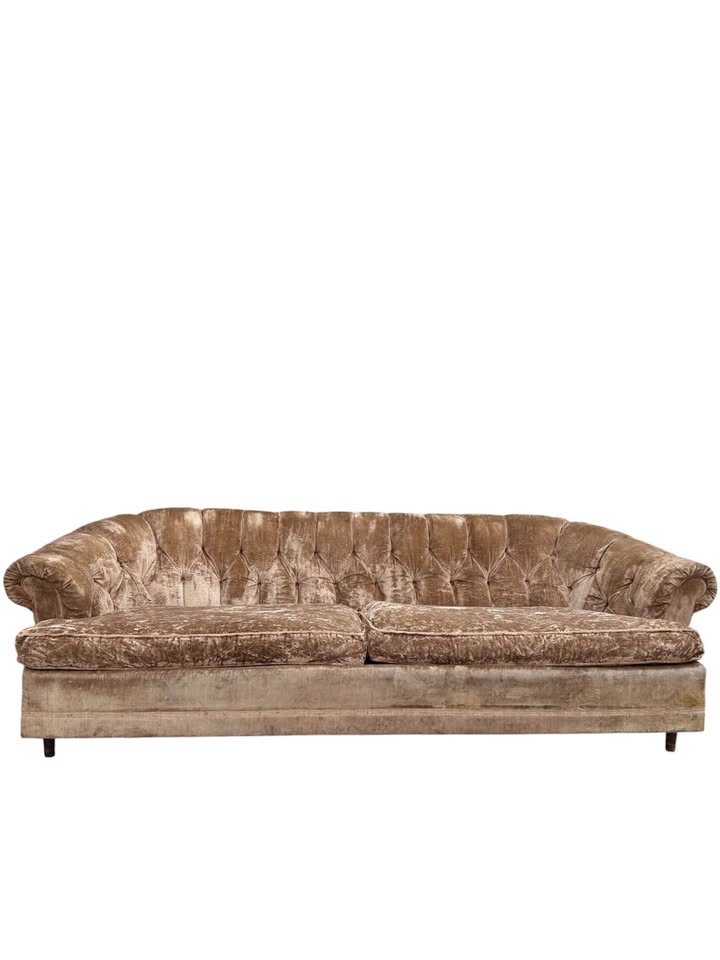 Vintage Mid Century Champagne Tan Brown Velvet Button Tufted Sofa Couch w/Tapered Legs