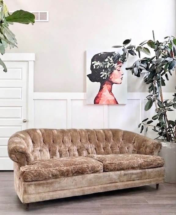 Vintage Mid Century Champagne Tan Brown Velvet Button Tufted Sofa Couch w/Tapered Legs