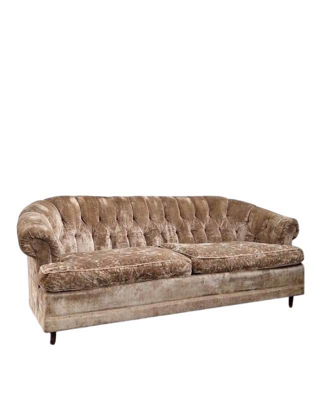 Vintage Mid Century Champagne Tan Brown Velvet Button Tufted Sofa Couch w/Tapered Legs