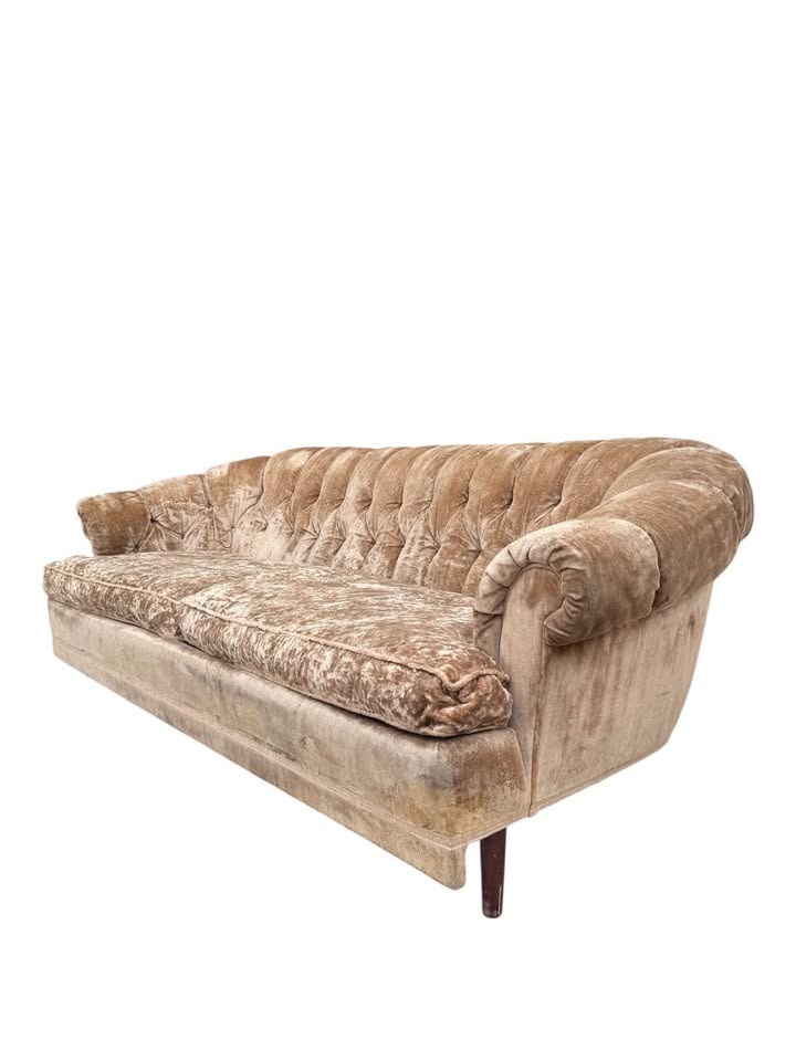 Vintage Mid Century Champagne Tan Brown Velvet Button Tufted Sofa Couch w/Tapered Legs