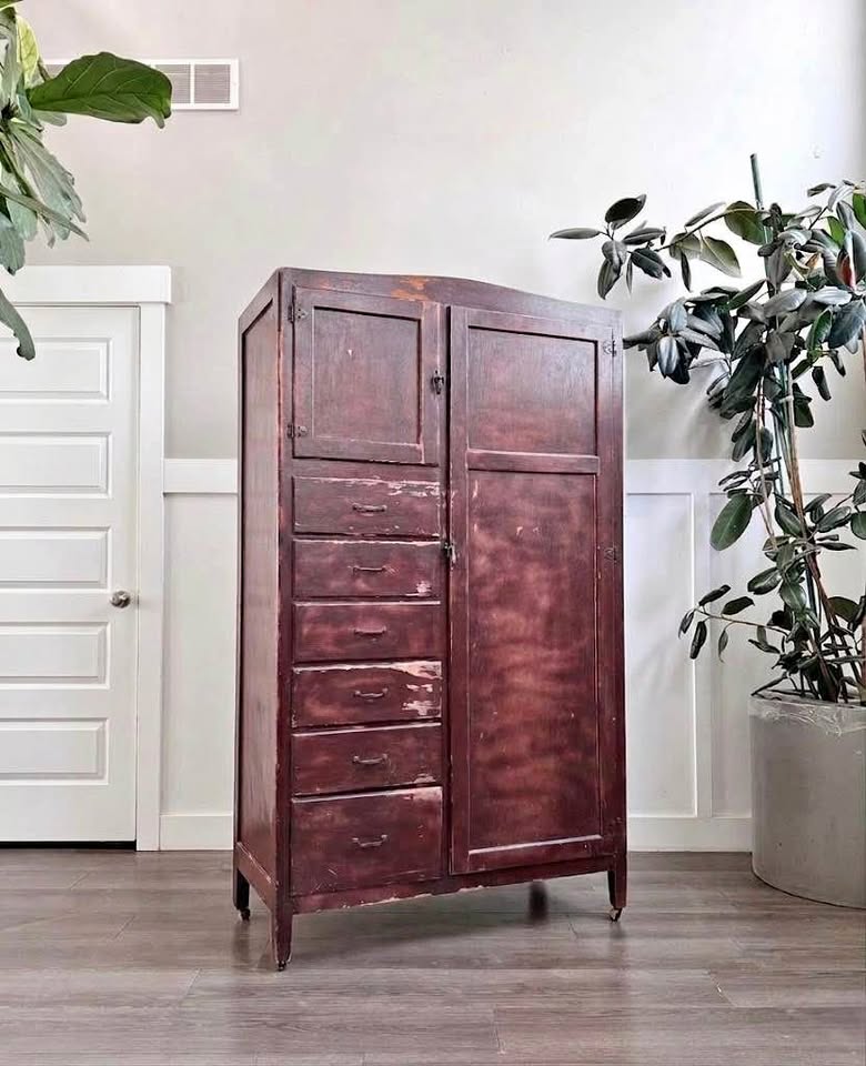 Antique Primitive 6-Drawer Chifferobe Armoire Wardrobe Storage Cabinet w/Distressed Patina, Rolling