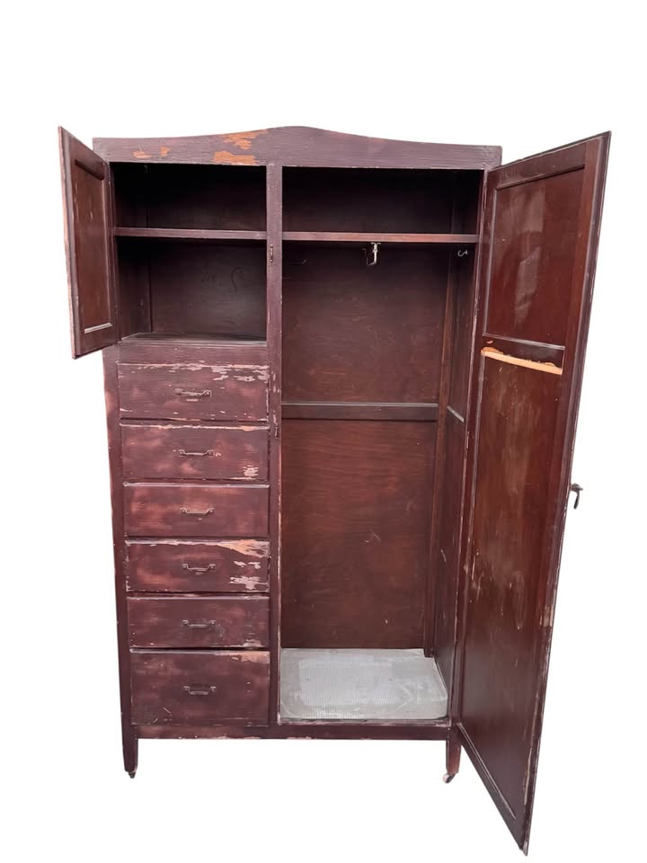 Antique Primitive 6-Drawer Chifferobe Armoire Wardrobe Storage Cabinet w/Distressed Patina, Rolling