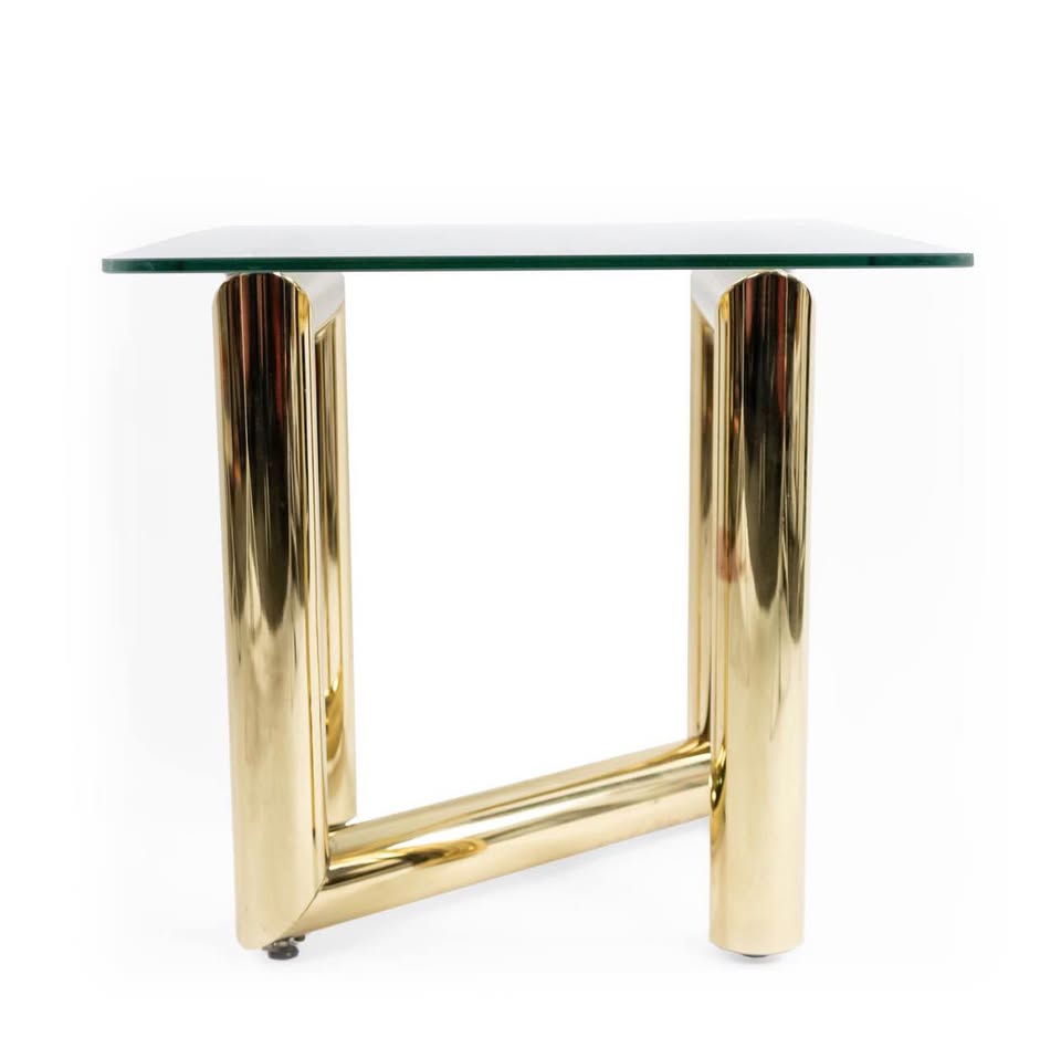 Vintage Mid Century 1970's Tubular Brass Plated Z Side Table w/Beveled Round Edge Glass Top in the S