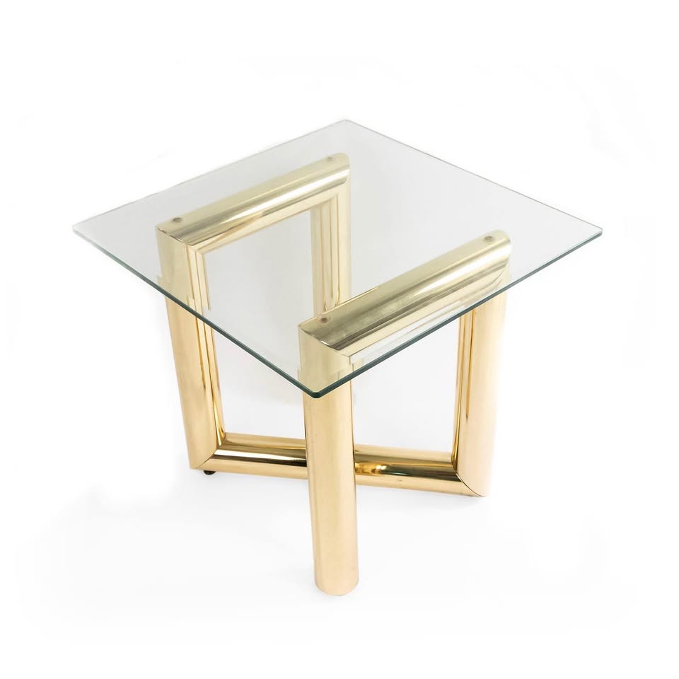 Vintage Mid Century 1970's Tubular Brass Plated Z Side Table w/Beveled Round Edge Glass Top in the S