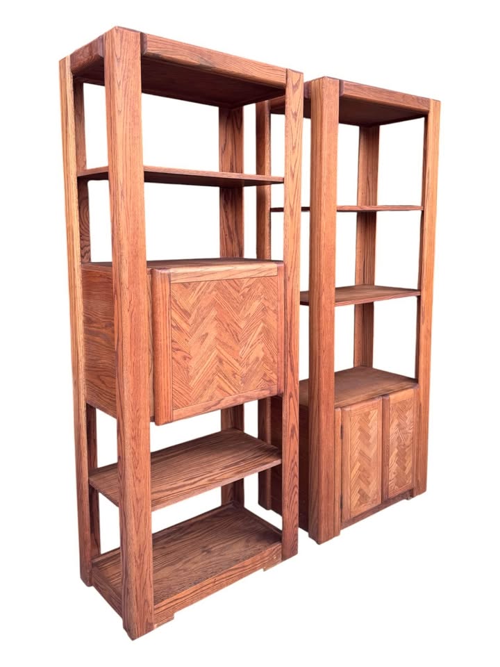 Pair of Vintage 1970's Large Scale 3 & 4 Tier Golden Oak Chevron Parquet Display Etagere Bookshelves