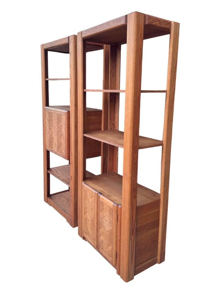 Pair of Vintage 1970's Large Scale 3 & 4 Tier Golden Oak Chevron Parquet Display Etagere Bookshelves