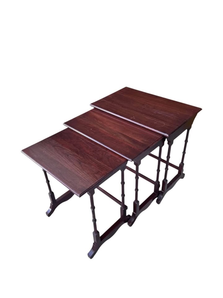 Set of 3 Vintage 1970's Cherry Wood Georgian Court Nesting Tables w/Faux Bamboo Legs by Ethan Allen