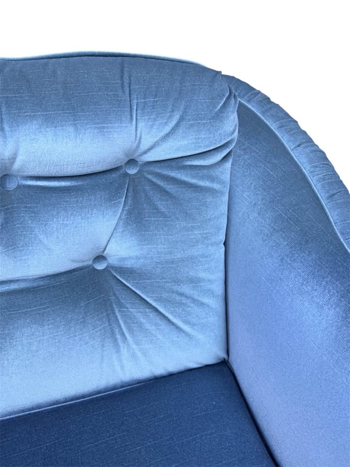 Vintage Icy Blue Velvet Button Tufted 2-Seater Sofa Couch w/Pleated Skirt & Ruched Winged Frame