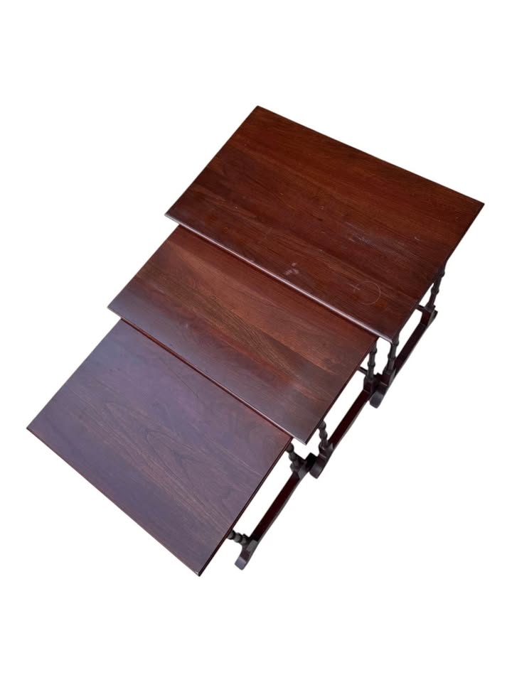 Set of 3 Vintage 1970's Cherry Wood Georgian Court Nesting Tables w/Faux Bamboo Legs by Ethan Allen