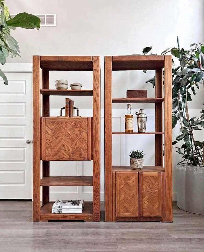 Pair of Vintage 1970's Large Scale 3 & 4 Tier Golden Oak Chevron Parquet Display Etagere Bookshelves