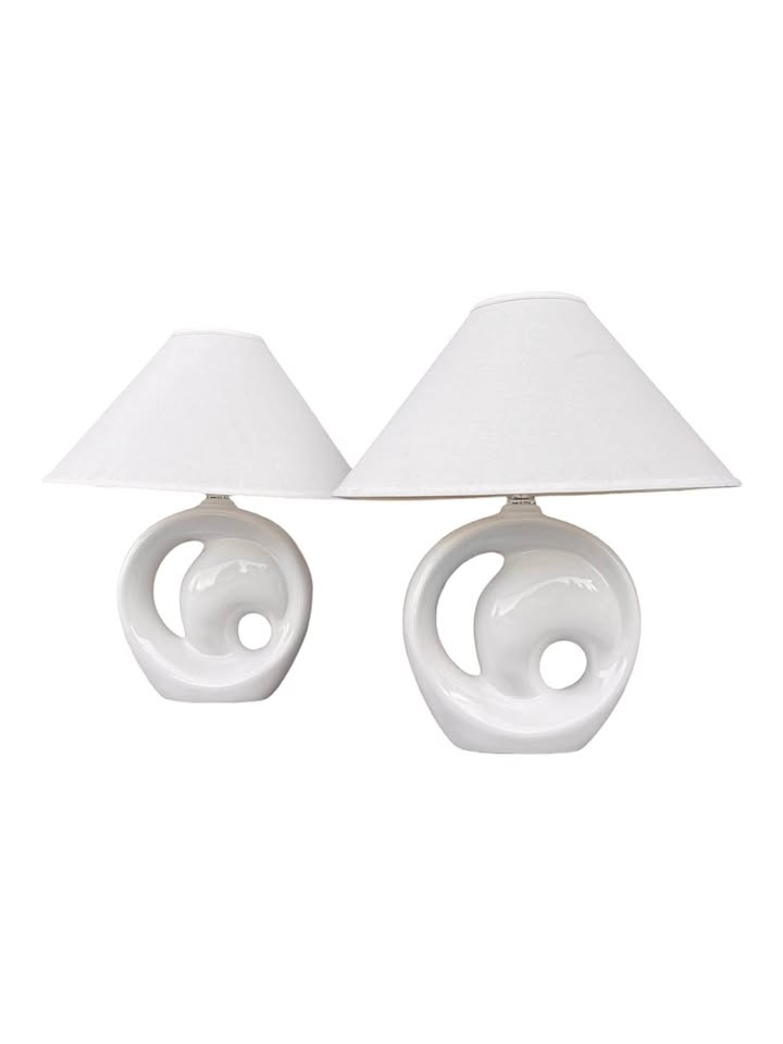 Pair of Vintage Postmodern w/Art Deco Influence Large Scale White Organic Sculptural Spiral Form Cer