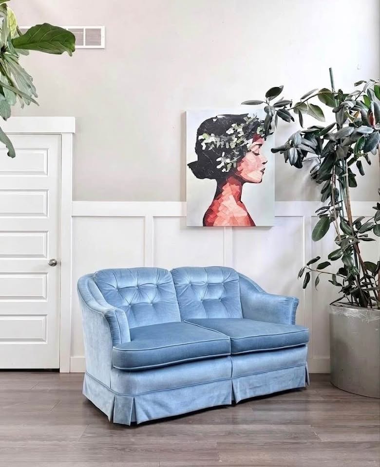 Vintage Icy Blue Velvet Button Tufted 2-Seater Sofa Couch w/Pleated Skirt & Ruched Winged Frame