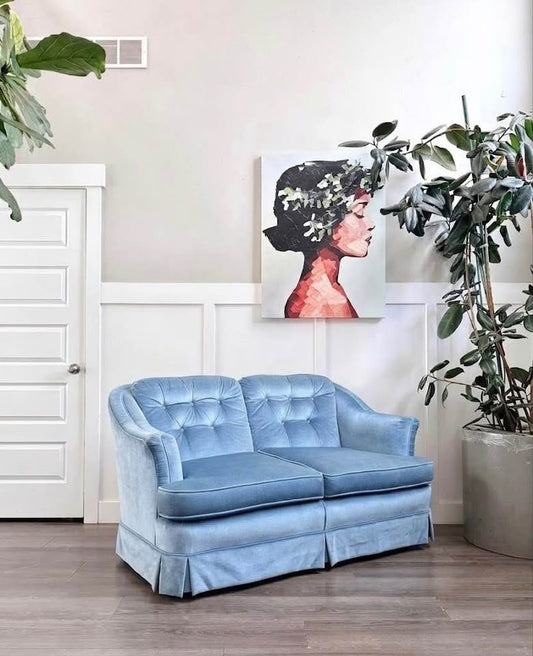 Vintage Icy Blue Velvet Button Tufted 2-Seater Sofa Couch w/Pleated Skirt & Ruched Winged Frame