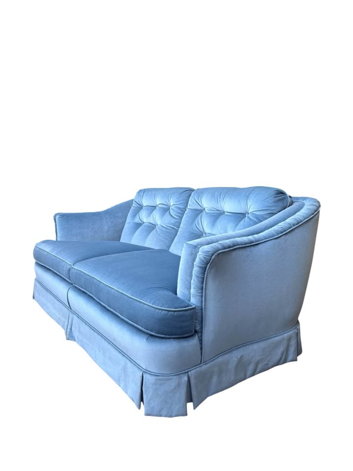Vintage Icy Blue Velvet Button Tufted 2-Seater Sofa Couch w/Pleated Skirt & Ruched Winged Frame