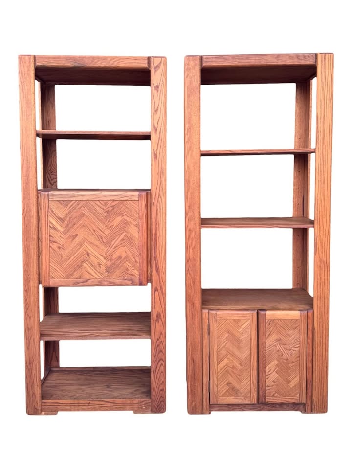 Pair of Vintage 1970's Large Scale 3 & 4 Tier Golden Oak Chevron Parquet Display Etagere Bookshelves