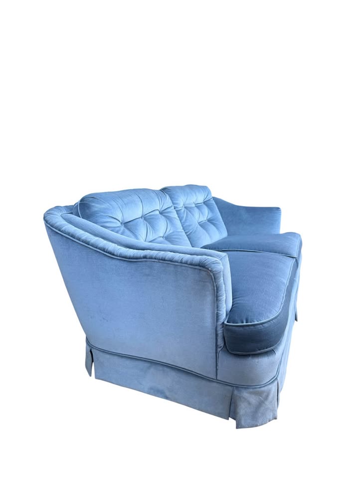 Vintage Icy Blue Velvet Button Tufted 2-Seater Sofa Couch w/Pleated Skirt & Ruched Winged Frame