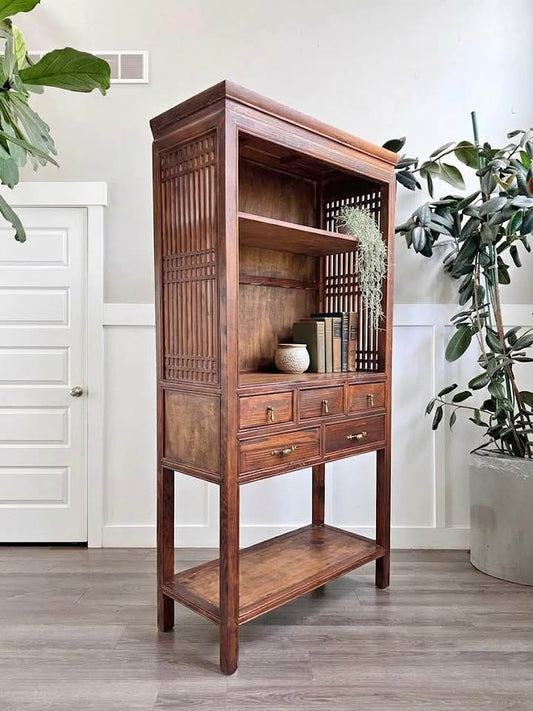 Vintage Oriental Chinese Inspired Pine Wood Open Display Apothecary-Style Cabinet w/Vertical Lattice