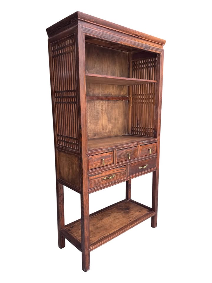 Vintage Oriental Chinese Inspired Pine Wood Open Display Apothecary-Style Cabinet w/Vertical Lattice