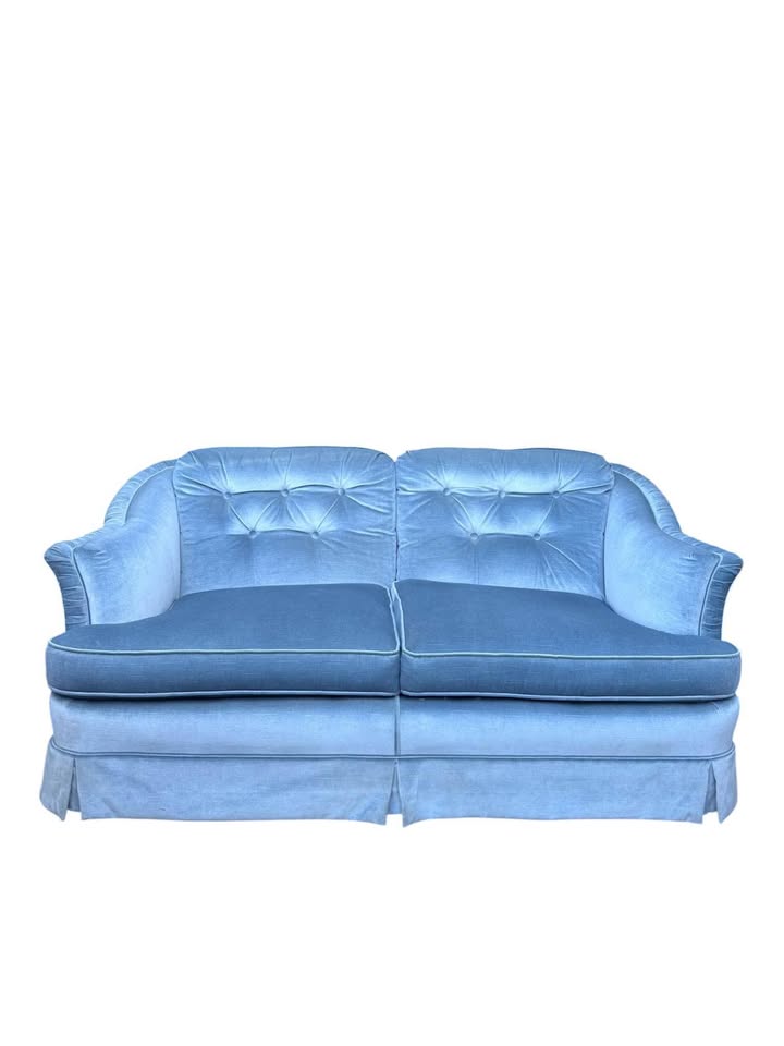 Vintage Icy Blue Velvet Button Tufted 2-Seater Sofa Couch w/Pleated Skirt & Ruched Winged Frame
