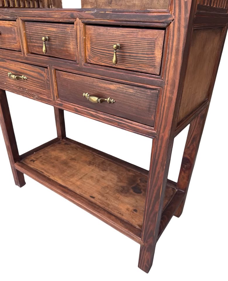 Vintage Oriental Chinese Inspired Pine Wood Open Display Apothecary-Style Cabinet w/Vertical Lattice