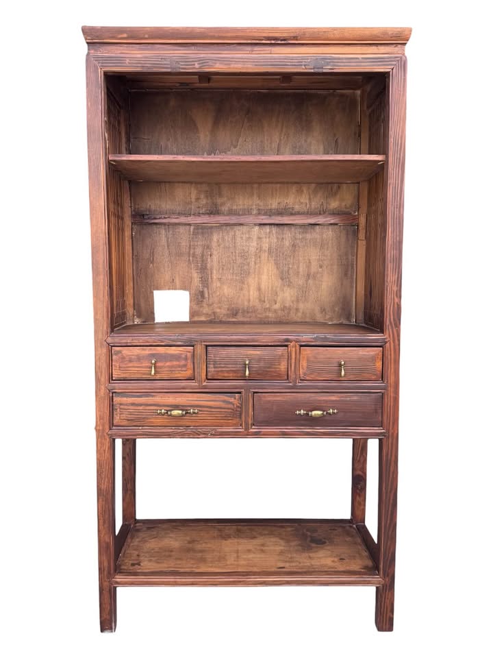 Vintage Oriental Chinese Inspired Pine Wood Open Display Apothecary-Style Cabinet w/Vertical Lattice