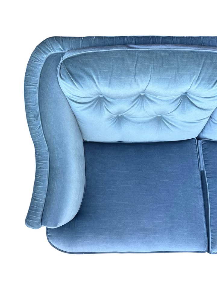 Vintage Icy Blue Velvet Button Tufted 2-Seater Sofa Couch w/Pleated Skirt & Ruched Winged Frame