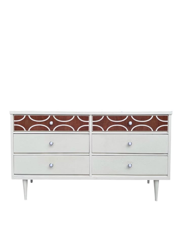 Vintage Mid Century 6-Drawer Walnut Ivory Crackle Cerused Dresser Credenza w/Sculptural Facade, Roun