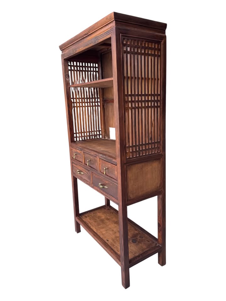 Vintage Oriental Chinese Inspired Pine Wood Open Display Apothecary-Style Cabinet w/Vertical Lattice