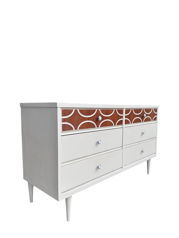 Vintage Mid Century 6-Drawer Walnut Ivory Crackle Cerused Dresser Credenza w/Sculptural Facade, Roun