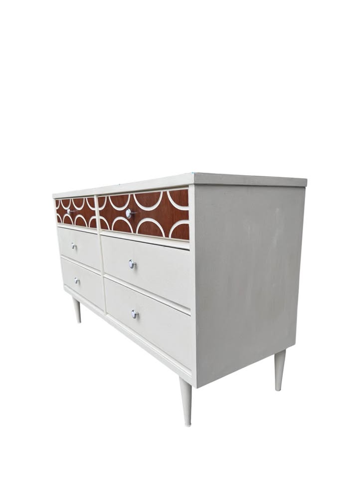 Vintage Mid Century 6-Drawer Walnut Ivory Crackle Cerused Dresser Credenza w/Sculptural Facade, Roun