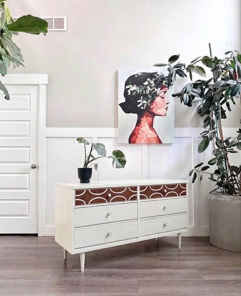 Vintage Mid Century 6-Drawer Walnut Ivory Crackle Cerused Dresser Credenza w/Sculptural Facade, Roun