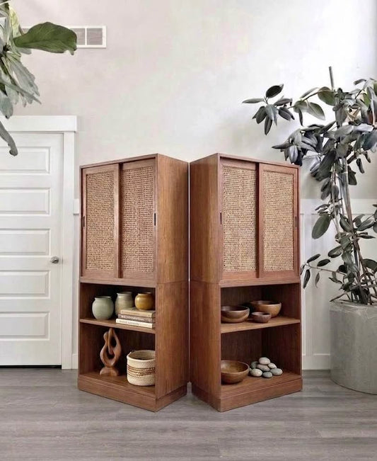 Pair of Vintage Mid Century Teak Modular Stacking Cabinets Bookcase w/Woven Cane Sliding Doors & Pli