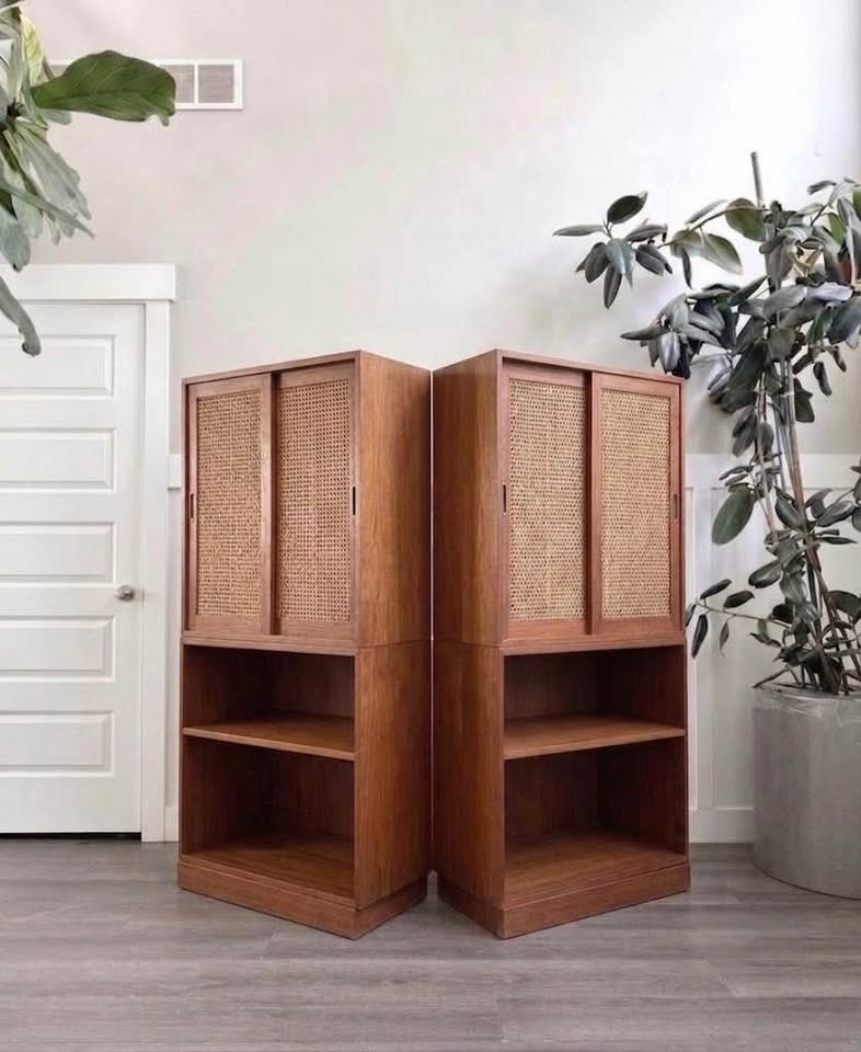 Pair of Vintage Mid Century Teak Modular Stacking Cabinets Bookcase w/Woven Cane Sliding Doors & Pli