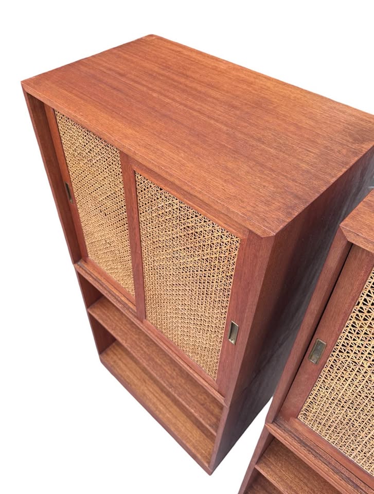 Pair of Vintage Mid Century Teak Modular Stacking Cabinets Bookcase w/Woven Cane Sliding Doors & Pli