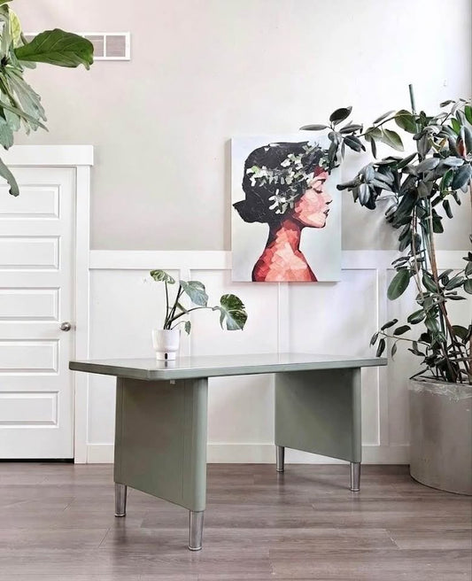 Vintage Mid Century Soft Mint Green "Tanker" Style Slim Writing Desk or Console Table w/Telescoping