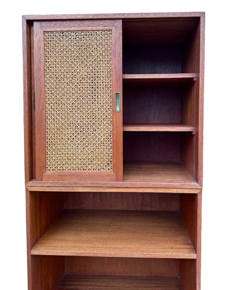 Pair of Vintage Mid Century Teak Modular Stacking Cabinets Bookcase w/Woven Cane Sliding Doors & Pli